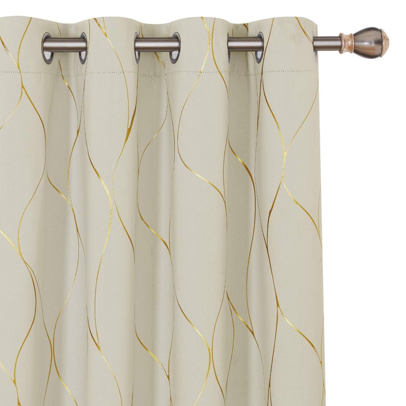 Deconovo Light Beige Blackout Curtains 2 Panel Set for Bedroom, Thermal Insulated Grommet Room Darkening Window Drapes for Living Room, Gold Line Foil Print, 52W x 108L Inch - Image 1